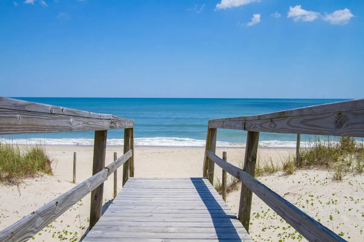 A serene view of a wooden walkway that leads over sand dunes to a wide, sandy beach and the ocean beyond. The scene captures the tranquil and inviting nature of Bald Head Island's coastline, where pets and owners can stroll, play, and enjoy beach adventures together.